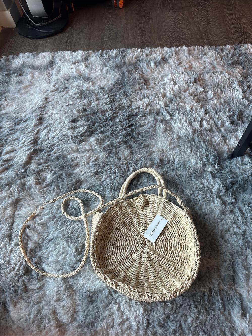 Paper Store Round Woven Straw Crossbody Bag in Natural